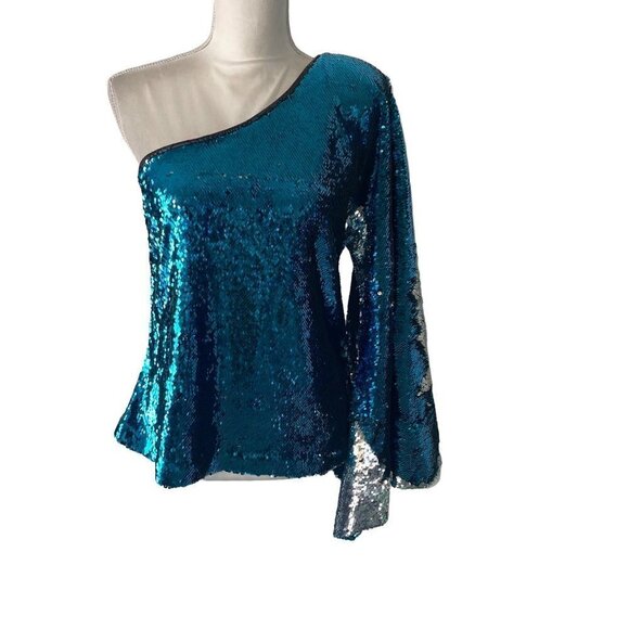 KY Womens Sequin Off The Shoulder Top Size Medium Custom Made Dramatic Sleeve - Picture 8 of 10